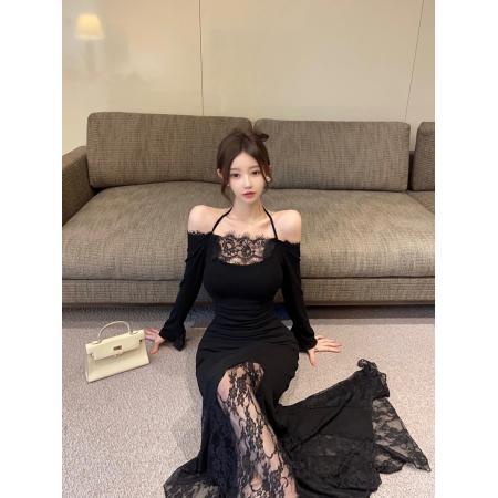 FA48370# 设计感性感蕾丝挂脖镂空修身显瘦包臀中长款连衣裙 服裝批發女裝批發服飾貨源