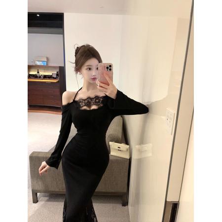 FA48370# 设计感性感蕾丝挂脖镂空修身显瘦包臀中长款连衣裙 服裝批發女裝批發服飾貨源