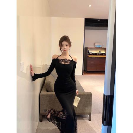 FA48370# 设计感性感蕾丝挂脖镂空修身显瘦包臀中长款连衣裙 服裝批發女裝批發服飾貨源