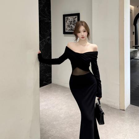 FA48371# 法式气质一字肩性感微透网纱拼接长袖显瘦包臀连衣裙 服裝批發女裝批發服飾貨源