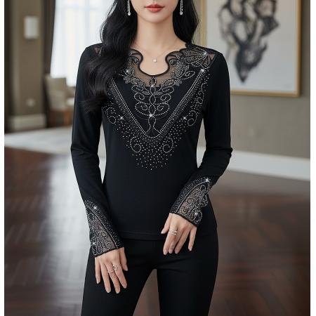 FA48372# 秋冬季新款v领长袖打底衫优雅花边烫钻修身内搭t恤 服裝批發女裝批發服飾貨源