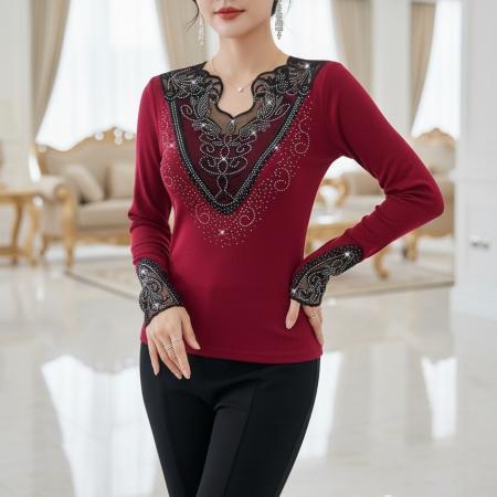 FA48372# 秋冬季新款v领长袖打底衫优雅花边烫钻修身内搭t恤 服裝批發女裝批發服飾貨源