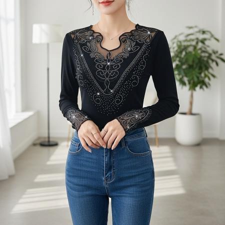 FA48372# 秋冬季新款v领长袖打底衫优雅花边烫钻修身内搭t恤 服裝批發女裝批發服飾貨源
