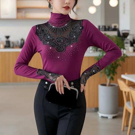 FA48373# 冬装新款高领纯棉内搭上衣优雅花边拼接烫钻收腰型气质上衣 服裝批發女裝批發服飾貨源