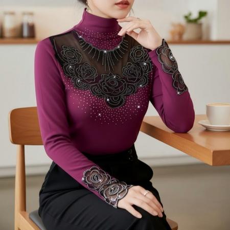 FA48373# 冬装新款高领纯棉内搭上衣优雅花边拼接烫钻收腰型气质上衣 服裝批發女裝批發服飾貨源