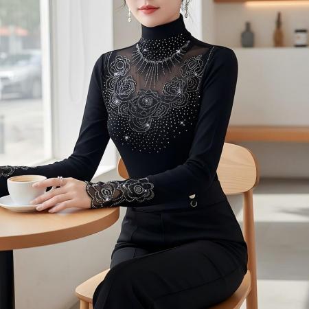 FA48373# 冬装新款高领纯棉内搭上衣优雅花边拼接烫钻收腰型气质上衣 服裝批發女裝批發服飾貨源
