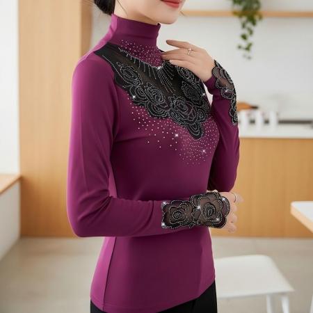 FA48373# 冬装新款高领纯棉内搭上衣优雅花边拼接烫钻收腰型气质上衣 服裝批發女裝批發服飾貨源