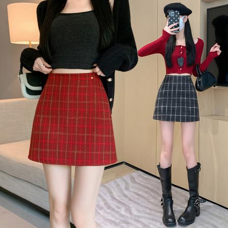 FA48374# 格子毛呢半身裙女冬季款包臀短裙高腰a字裙 服裝批發女裝批發服飾貨源