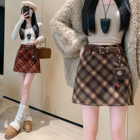 FA48377# 复古格纹毛呢半身裙女秋冬款显瘦高腰a字裙 服裝批發女裝批發服飾貨源