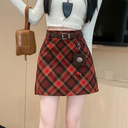 FA48377# 复古格纹毛呢半身裙女秋冬款显瘦高腰a字裙 服裝批發女裝批發服飾貨源