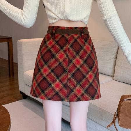 FA48377# 复古格纹毛呢半身裙女秋冬款显瘦高腰a字裙 服裝批發女裝批發服飾貨源