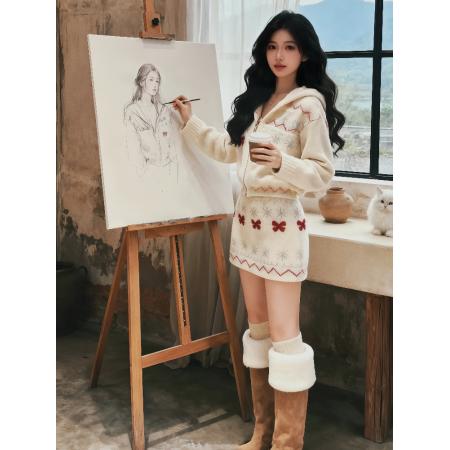 FA48380# 韩系chic套装新款慵懒松弛感复古针织上衣a字短裙独特漂亮两件套 服裝批發女裝批發服飾貨源