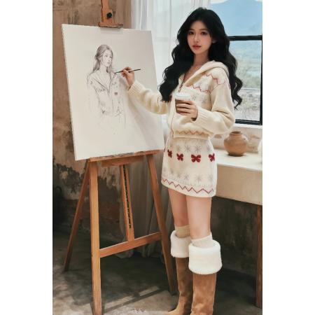 FA48380# 韩系chic套装新款慵懒松弛感复古针织上衣a字短裙独特漂亮两件套 服裝批發女裝批發服飾貨源