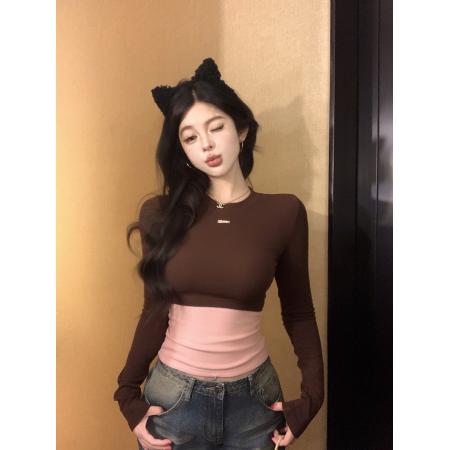 FA48381# 美式辣妹拼接撞色印花长袖修身显瘦加绒百搭打底衫上衣 服裝批發女裝批發服飾貨源