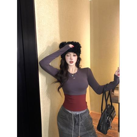 FA48381# 美式辣妹拼接撞色印花长袖修身显瘦加绒百搭打底衫上衣 服裝批發女裝批發服飾貨源