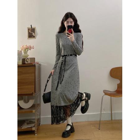 FA48383# 大码女装秋冬蕾丝拼接气质长袖针织连衣裙胖MM藏肉显瘦长裙 服裝批發女裝批發服飾貨源