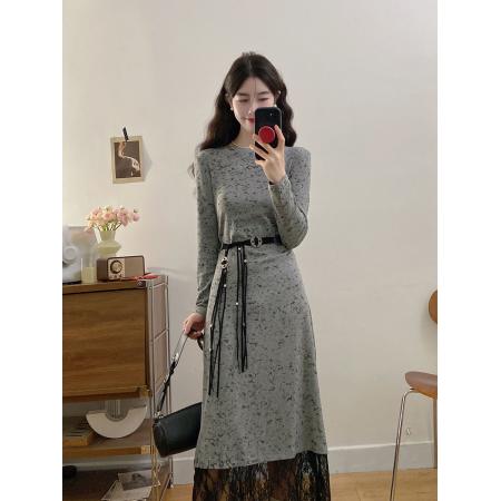 FA48383# 大码女装秋冬蕾丝拼接气质长袖针织连衣裙胖MM藏肉显瘦长裙 服裝批發女裝批發服飾貨源