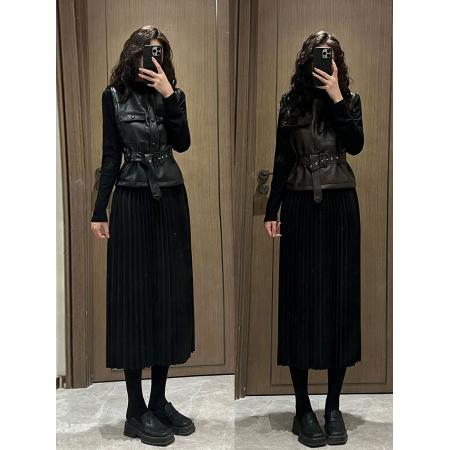 FA48384# ～大码胖MM秋季新款女装时尚显瘦皮马甲+半高领压折长裙套装 服裝批發女裝批發服飾貨源