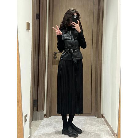 FA48384# ～大码胖MM秋季新款女装时尚显瘦皮马甲+半高领压折长裙套装 服裝批發女裝批發服飾貨源