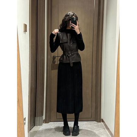 FA48384# ～大码胖MM秋季新款女装时尚显瘦皮马甲+半高领压折长裙套装 服裝批發女裝批發服飾貨源