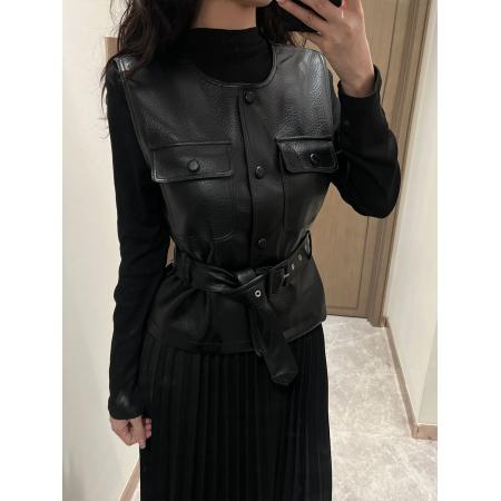 FA48384# ～大码胖MM秋季新款女装时尚显瘦皮马甲+半高领压折长裙套装 服裝批發女裝批發服飾貨源