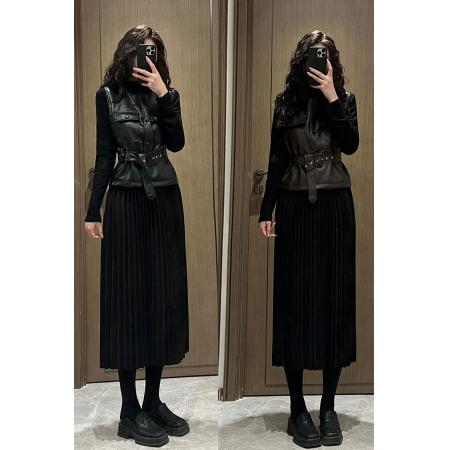 FA48384# ～大码胖MM秋季新款女装时尚显瘦皮马甲+半高领压折长裙套装 服裝批發女裝批發服飾貨源