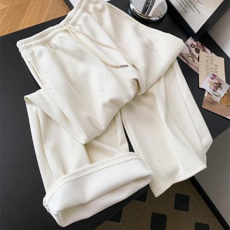 FA48385# 重工烫钻加绒糯米羊绒阔腿裤女秋冬松弛感拖地直筒休闲卫裤 服裝批發女裝批發服飾貨源