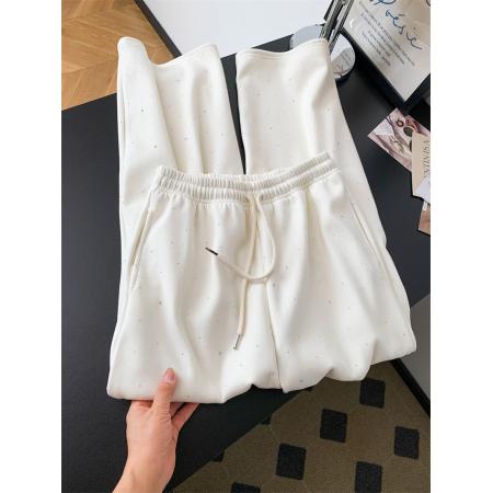 FA48385# 重工烫钻加绒糯米羊绒阔腿裤女秋冬松弛感拖地直筒休闲卫裤 服裝批發女裝批發服飾貨源