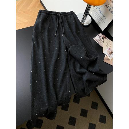 FA48385# 重工烫钻加绒糯米羊绒阔腿裤女秋冬松弛感拖地直筒休闲卫裤 服裝批發女裝批發服飾貨源