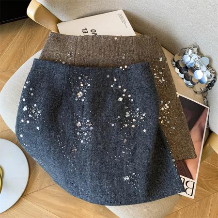 FA48386# 灰色重工亮片半身裙女秋冬高腰气质A字羊毛呢小香风气质短裙 服裝批發女裝批發服飾貨源