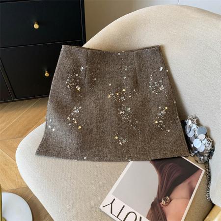 FA48386# 灰色重工亮片半身裙女秋冬高腰气质A字羊毛呢小香风气质短裙 服裝批發女裝批發服飾貨源