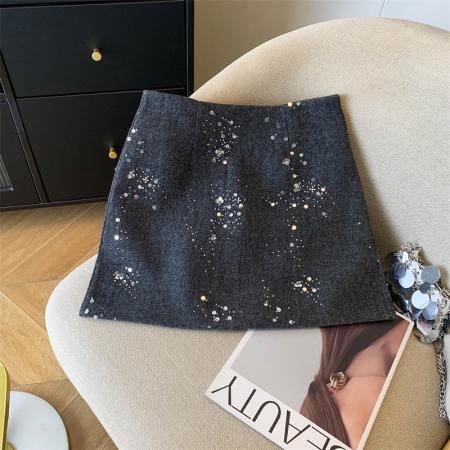 FA48386# 灰色重工亮片半身裙女秋冬高腰气质A字羊毛呢小香风气质短裙 服裝批發女裝批發服飾貨源