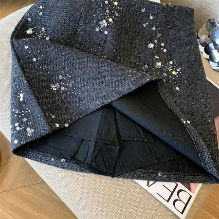 FA48386# 灰色重工亮片半身裙女秋冬高腰气质A字羊毛呢小香风气质短裙 服裝批發女裝批發服飾貨源