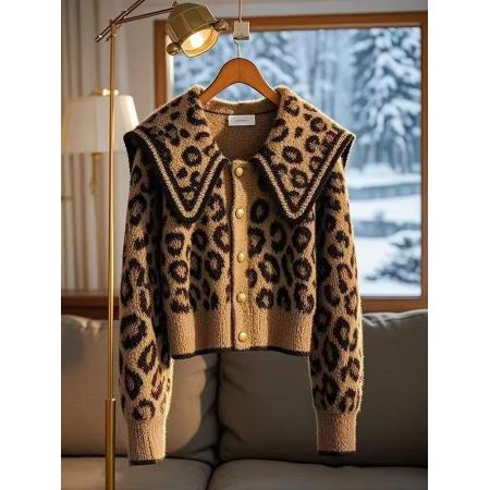 FA48388# 今年爆款咖色豹纹毛衣外套女冬季漂亮加厚海军领软糯开衫上衣 服裝批發女裝批發服飾貨源