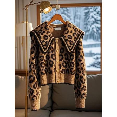 FA48388# 今年爆款咖色豹纹毛衣外套女冬季漂亮加厚海军领软糯开衫上衣 服裝批發女裝批發服飾貨源