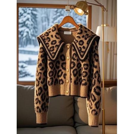 FA48388# 今年爆款咖色豹纹毛衣外套女冬季漂亮加厚海军领软糯开衫上衣 服裝批發女裝批發服飾貨源