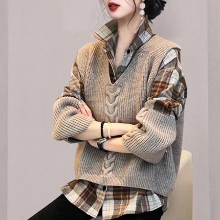 FA48389# 针织V领马甲格子衬衫套装女洋气上衣两件套春秋新款欧洲站 服裝批發女裝批發服飾貨源