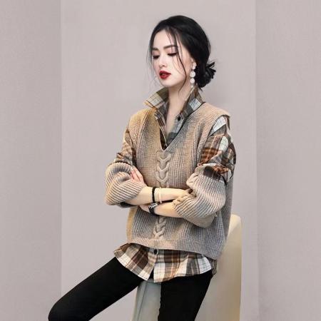 FA48389# 针织V领马甲格子衬衫套装女洋气上衣两件套春秋新款欧洲站 服裝批發女裝批發服飾貨源