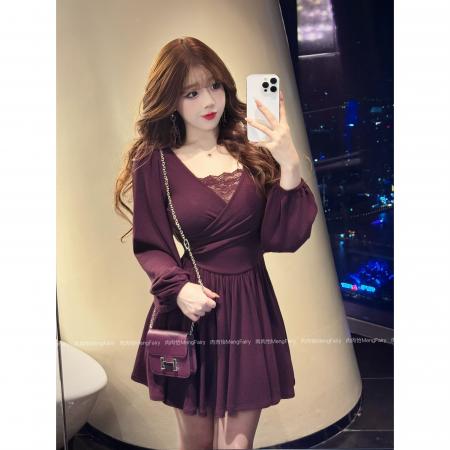 FA48390# 法式V领收腰显瘦连衣裙女秋冬加绒新款大码胖MM蕾丝拼接连衣裙 服裝批發女裝批發服飾貨源