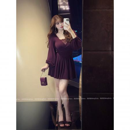 FA48390# 法式V领收腰显瘦连衣裙女秋冬加绒新款大码胖MM蕾丝拼接连衣裙 服裝批發女裝批發服飾貨源