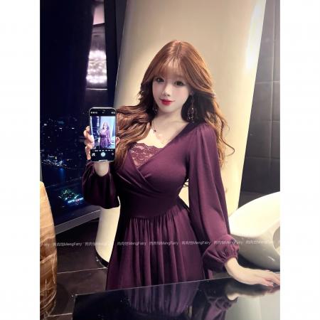 FA48390# 法式V领收腰显瘦连衣裙女秋冬加绒新款大码胖MM蕾丝拼接连衣裙 服裝批發女裝批發服飾貨源