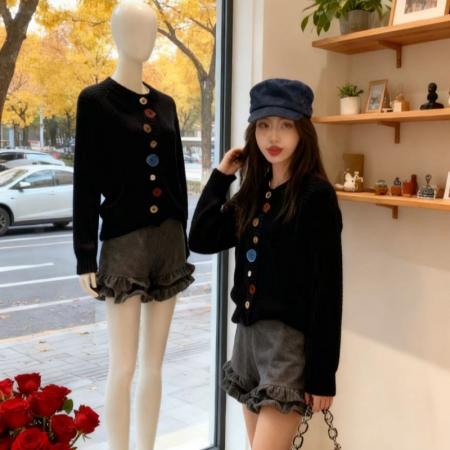 FA48393# 秋冬季新款减龄上衣设计感不规则彩扣针织开衫毛衣外套 服裝批發女裝批發服飾貨源