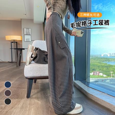 FA48397# 秋冬新款i加绒毛呢格子弯刀工装裤高腰两穿休闲裤女 服裝批發女裝批發服飾貨源