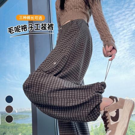 FA48397# 秋冬新款i加绒毛呢格子弯刀工装裤高腰两穿休闲裤女 服裝批發女裝批發服飾貨源