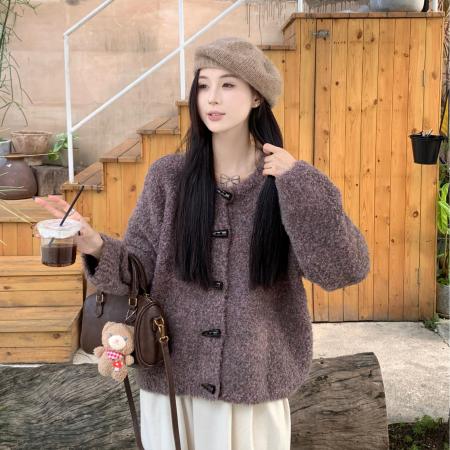 FA48398# 真保暖韩系羊毛圈圈毛牛角扣针织开衫秋冬百搭气质毛衣外套 服裝批發女裝批發服飾貨源