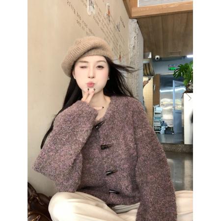 FA48398# 真保暖韩系羊毛圈圈毛牛角扣针织开衫秋冬百搭气质毛衣外套 服裝批發女裝批發服飾貨源