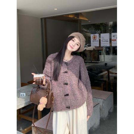 FA48398# 真保暖韩系羊毛圈圈毛牛角扣针织开衫秋冬百搭气质毛衣外套 服裝批發女裝批發服飾貨源