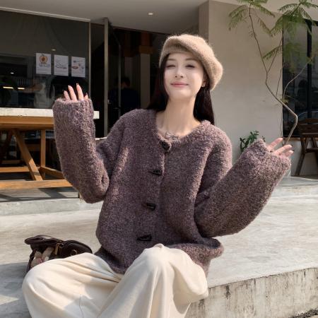 FA48398# 真保暖韩系羊毛圈圈毛牛角扣针织开衫秋冬百搭气质毛衣外套 服裝批發女裝批發服飾貨源