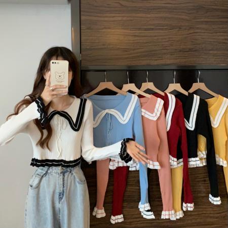 FA48399# 设计感小众娃娃领系带拼色短款长袖针织衫软糯打底上衣 服裝批發女裝批發服飾貨源