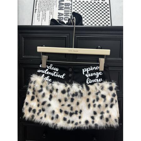 FA48400# 复古豹纹毛毛拼接低腰短裙千禧辣妹包臀字母亚文化半身裙 服裝批發女裝批發服飾貨源